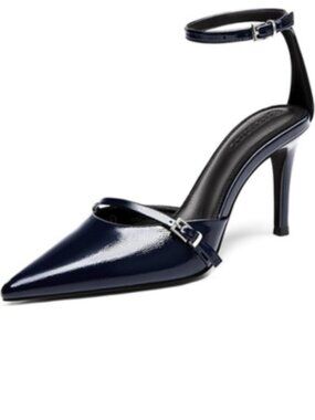 Coutgo Women's Navy Closed Pointed Toe Ankle Buckle Strap Pumps High Heels
